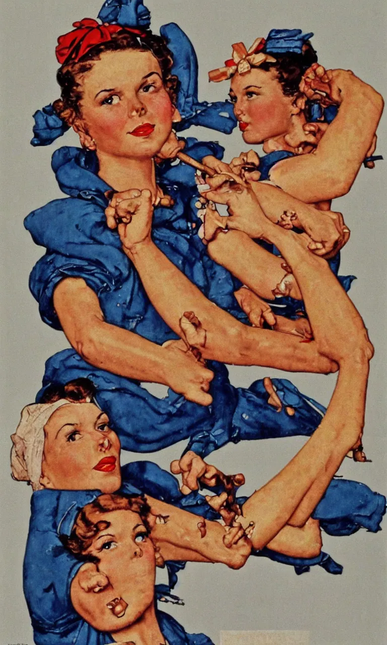 Image similar to ” a photo of a alicia wikander in style of of norman rockwell painting rosie the riveter ”