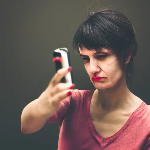 Image similar to A sad woman holding a phone taking a selfie, self-portrait photography, 8k, trending on arstation