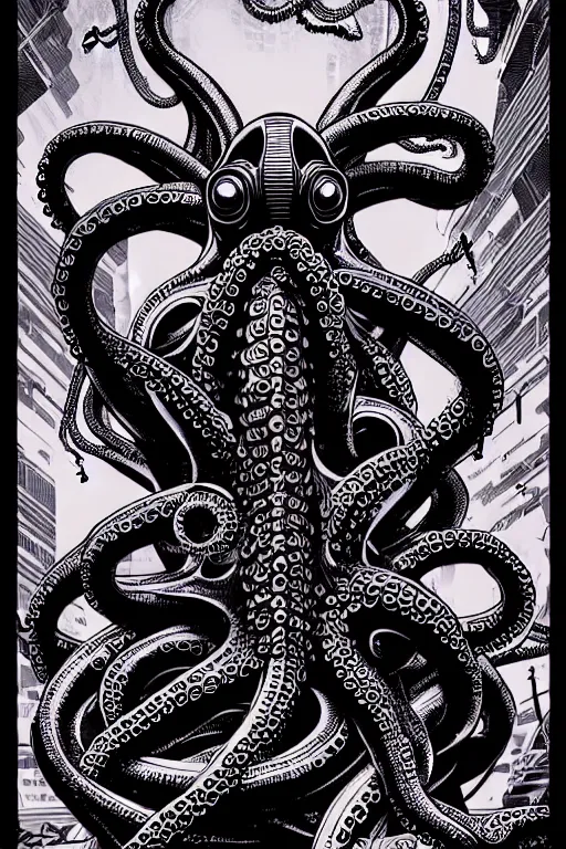 Prompt: cyberpunk octopus sitting on pile of skulls, high details, bold line art, by vincent di fate and joe fenton, inking, etching, screen print, masterpiece, trending on artstation, sharp, high contrast, hyper - detailed, hd, 4 k, 8 k