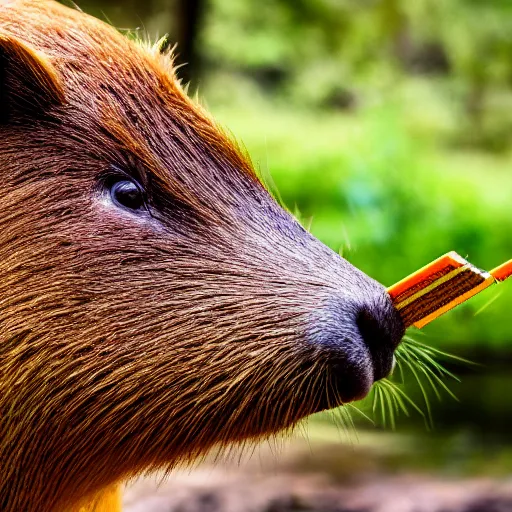 Prompt: photo of a capybara eating a nvidia gpu, neon lighting, nature photography, 8 k, canon 3 0 0 mm, professional photographer, 4 0 mp, lifelike, top - rated, award winning, realistic, sharp, no blur, edited, corrected, trending