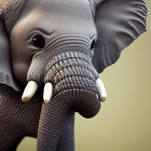 Image similar to a closeup photorealistic photograph of a cute smiling knitted baby elephant, professional capture, well lit shot. this 4 k hd image is trending on artstation, featured on behance, well - rendered, extra crisp, features intricate detail, epic composition and the style of unreal engine.