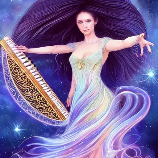 Image similar to Portrait of a very very beautiful! celestial interdimensional goddess wearing flowing dress and playing a mystical harp and springing life into the universe, long hair, luminescent blue eyes, photorealistic, high dynamic range, HDR, intricate, elegant, highly detailed, digital painting, artstation, concept art, smooth, sharp focus, illustration, art by artgerm and greg rutkowski and alphonse mucha and andrei riabovitchev