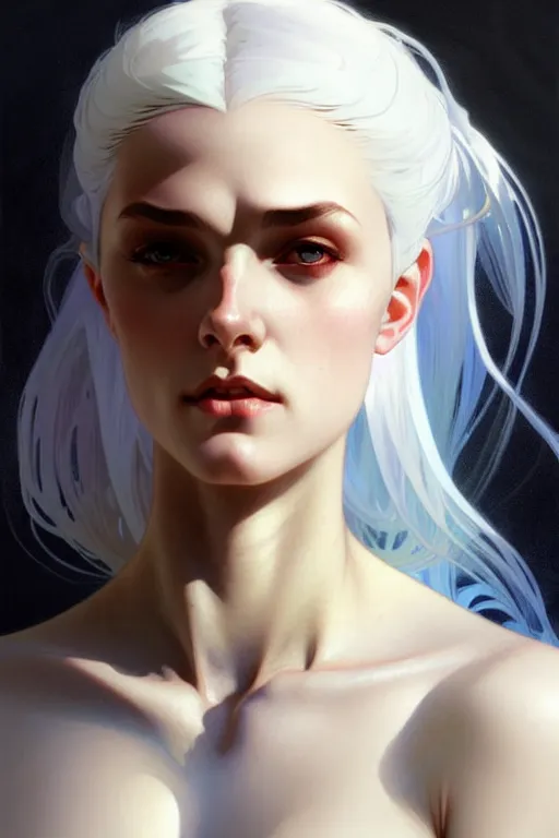 Image similar to girl with white hair gorgeous face and figure, sci - fi, sophisticated, elegant, highly detailed, digital painting, artstation, concept art, smooth, clear focus, illustrations, beautiful sunlight and shadows, art by alphonse mucha and greg rutkowski