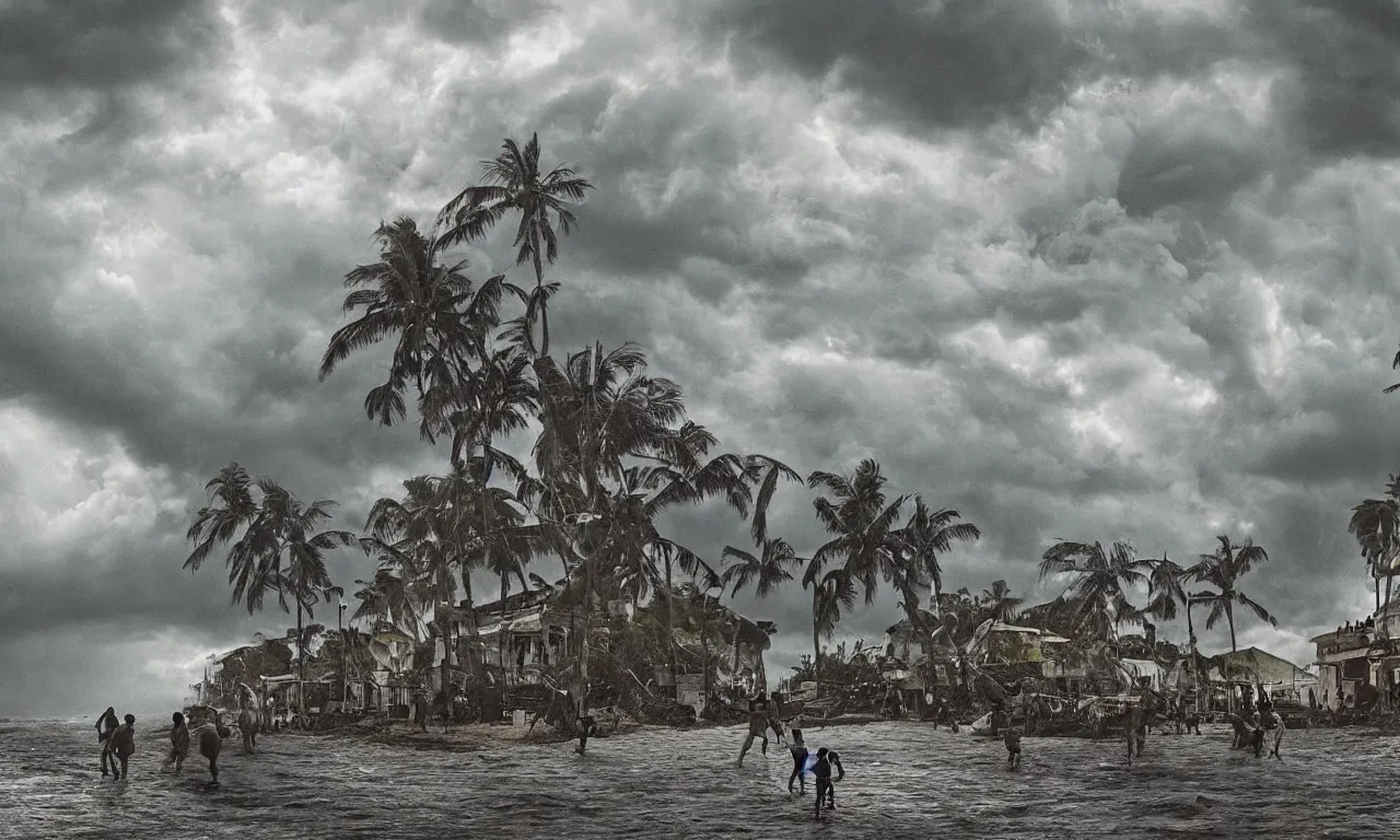 Prompt: a gigantic monster that looks like a mixture of monkfish with crocodile limbs, wet and slimy with a very large mouth, is on the street of and old town in the caribe, dragging its enormous weight with effort on a beach, there are people fleeing in terror, photo-realistic, stormy sky, photo by national geographical