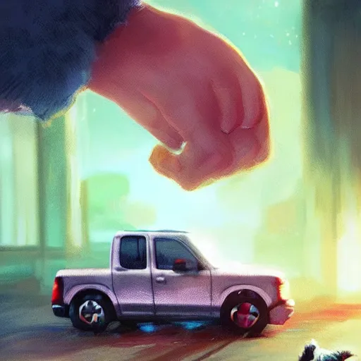 Image similar to close up of child's hand attaching a star - shaped sticker to a truck, digital art by ruan jia and mandy jurgens and artgerm, highly detailed, trending on artstation, award winning