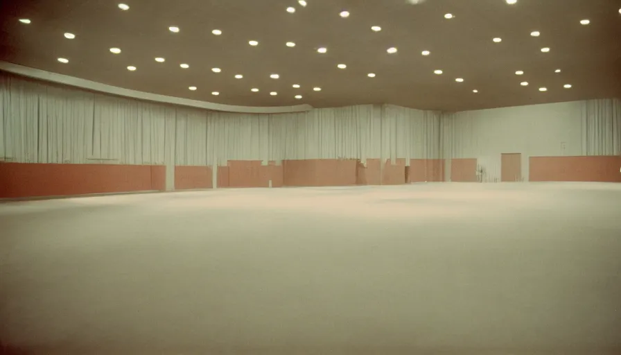 Prompt: 60s movie still of a sovietic stalinist style empty ballroom with corpses, cinestill 800t 50mm eastmancolor, liminal Space style, heavy grain-s 150