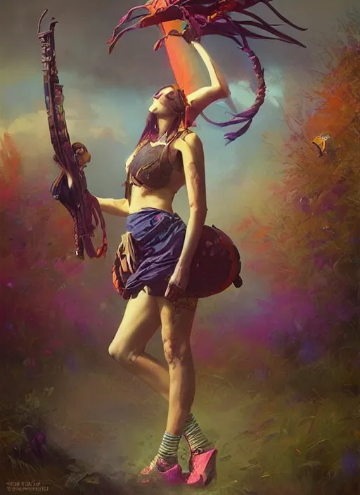 Image similar to hyper realistic photography of festival warrior curvy girl saturated colors, cinematic, greg rutkowski, rowena morrill, juan gimenez