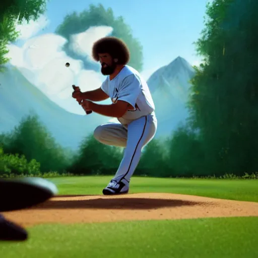 Image similar to a closeup photorealistic photograph of bob ross painting an image of kenny powers pitching a baseball on a canvas. mountains and trees. film still. brightly lit scene. this 4 k hd image is trending on artstation, featured on behance, well - rendered, extra crisp, features intricate detail, epic composition and the style of unreal engine.