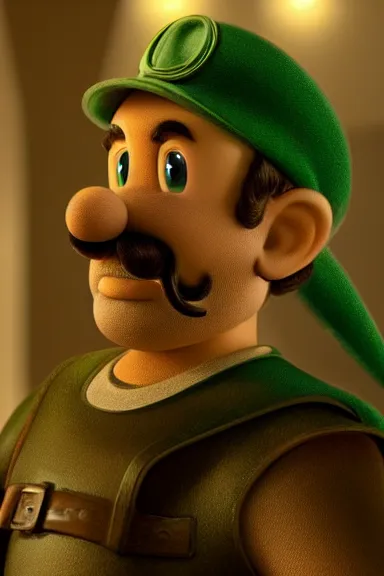 Image similar to very very intricate photorealistic photo of a realistic human version of luigi wearing his hat in an episode of game of thrones, photo is in focus with detailed atmospheric lighting, award - winning details