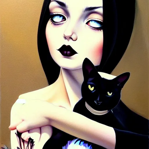 Image similar to a painting of a woman holding a cat, a photorealistic painting by tran nguyen and ilya kuvshinov, featured on deviantart, gothic art, goth, gothic, detailed painting