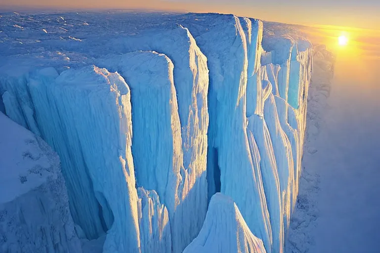 Prompt: areal view of a gargantuan ice wall, spanning a continent, fantasy, digital art, brilliant, sunrise