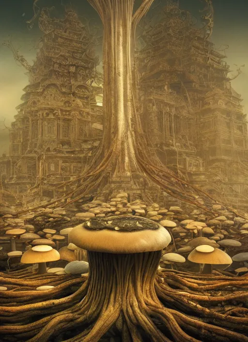 Prompt: wide - angle shot of mushroom temple, cables and tubes, depth of field, zeiss lens, detailed, symmetrical, centered, fashion photoshoot, by nicoletta ceccoli, mark ryden, lostfish, earl nore, hyung tae, frank frazetta, breathtaking, 8 k resolution, extremely detailed, beautiful, establishing shot, artistic, hyperrealistic, octane render