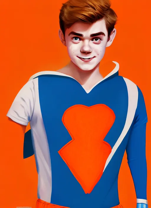 Image similar to friendly teenage archie andrews wearing an orange superhero costume with heart logo, heart, freckles, blue cape, heart emblem on chest, blue cape, intricate, elegant, glowing lights, highly detailed, digital painting, artstation, sharp focus, illustration, art by wlop, mars ravelo and greg rutkowski