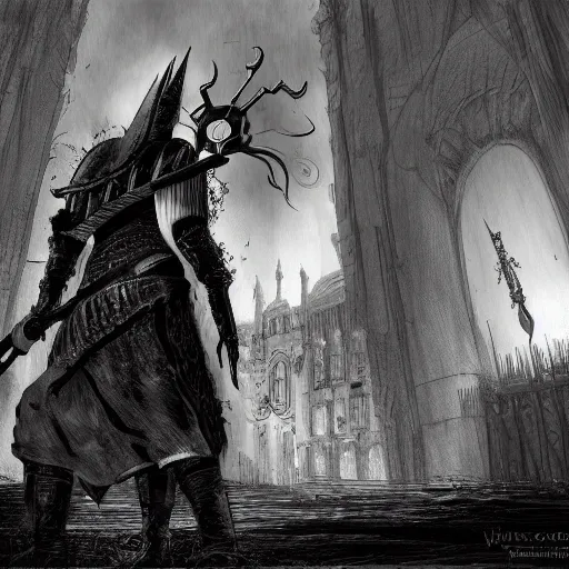 Image similar to reliquary, trench crusade, dark souls, b & w, concept art