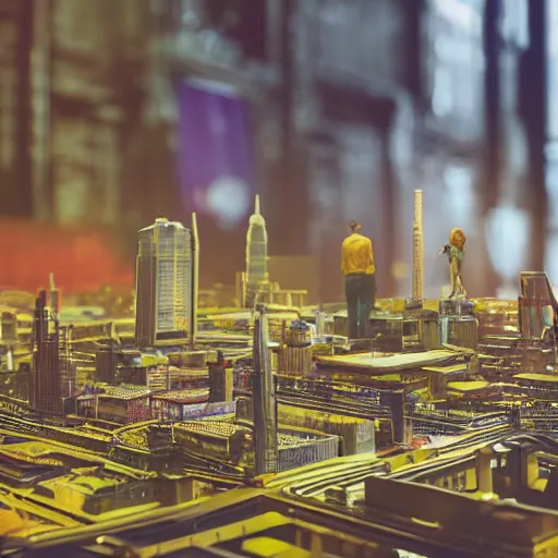 Image similar to large group people in open warehouse, looking at hologram of futuristic city on a table, cinematic still, godrays, golden hour, natural sunlight, 4 k, clear details, tabletop model buildings, tabletop model, ethereal hologram center, crane shot, crane shot, crane shot