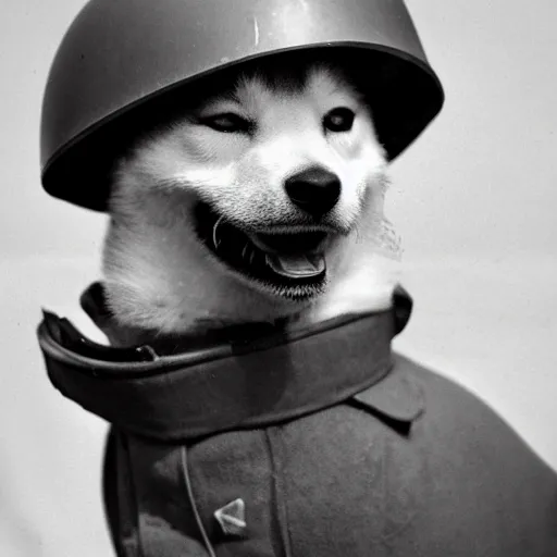 Image similar to close up of a shiba inu wearing soldier helmet in the battle, ww 2 historical photography, black & white photo