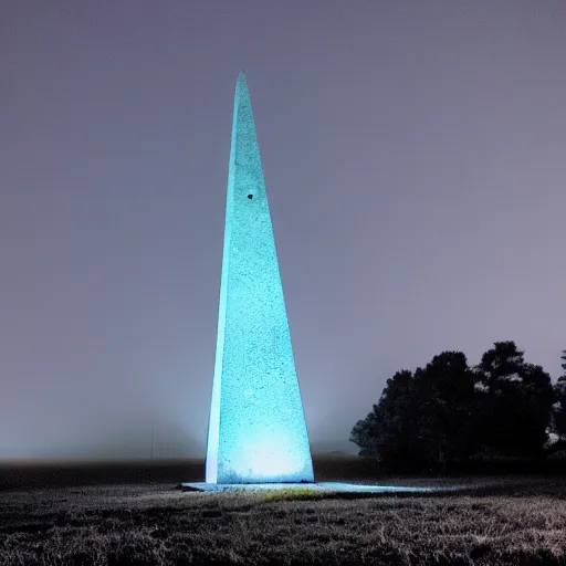 Image similar to magical blue glowing obelisk standing on a plain in the moonshine at night. foggy. eerie.