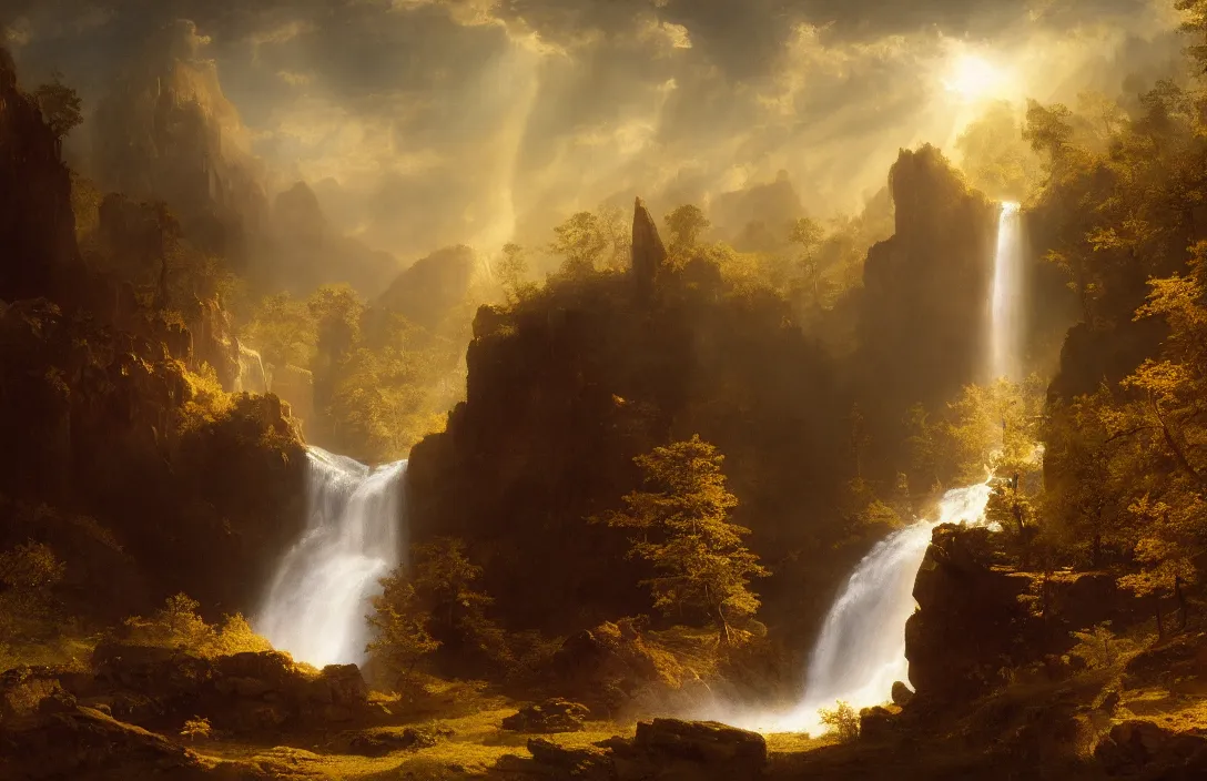 Image similar to a huge arc far away in an albert bierstadt inspired landscape detailed dreamscape, hyperreal phantastic landscape, golden ratio, high aestehtic, waterfall cascades, cinematic light dramatic light, trending on artstation