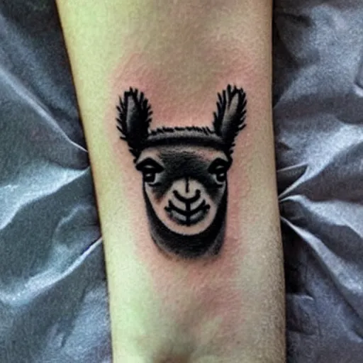 Prompt: tattoo idea of a alpaca face on a green leaf