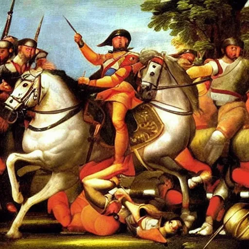 Image similar to a renaissance painting of napoleon's army and the roman army fighting.