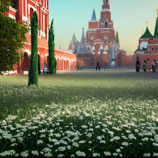 Image similar to huge explosions in the form of white cotton plants in Red Square Kremlin, beautiful dynamic lighting, cinematic, extremely high detail, photo realistic, cinematic lighting, post processed, concept art, artstation, matte painting, unreal engine 8k