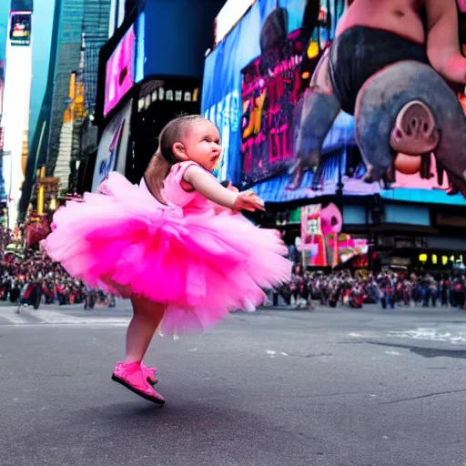 Prompt: A baby and and a pig wearing a tutu dancing in Times Square, New York, high quality, 4k, ArtStstion trending