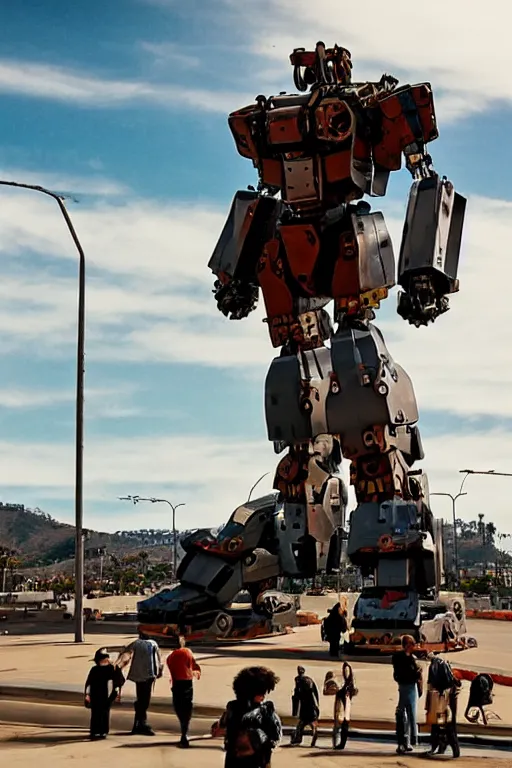 Image similar to cinematography of giant Mech on Santa Monica peer By Emmanuel Lubezki