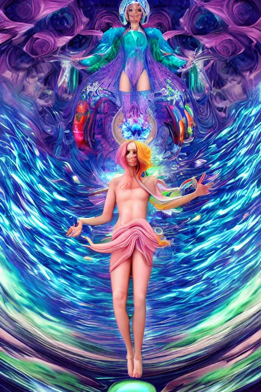 Prompt: overdetailed maximalist fullbody portrait of a beautiful female energy being transcending to her true form while floating over a surreal landscape. Made by oozium, inspired by silvio vieira, overpainted by loish. 8k 3d realistic render. Bright, sacred, spiritual, dawn, backlit, calm, relaxed, dynamic, ethereal, arcane, intricate, mysterious, dramatic, cinematic. Seen from below. Overpaint by phazed and erica robin. Artstation, deviantart, vagallery.com