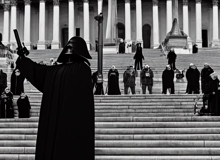 Image similar to death gives inaugural address on the steps of the capitol, 3 5 mm photography, highly detailed, cinematic lighting, standing pose, fully body shot, holding lightsaber 4 k