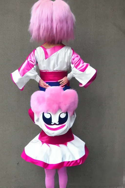 Image similar to 35mm of a very cute, minimal, adorable and creative Japanese mascot character costume, full body and head view, very magical and dreamy, designed by Gucci,kawaii, magical details