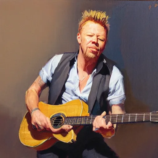Image similar to a portrait of james hetfield playing guitar, by gregory manchess and stanley lau