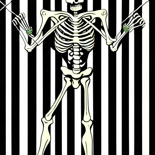 Prompt: skeleton wearing striped pajamas, digital illustration in the style of tim jacobus and dungeons & dragons and magic the gathering, bedroom, nightcap, comfy, sleepy, dim lighting, detailed