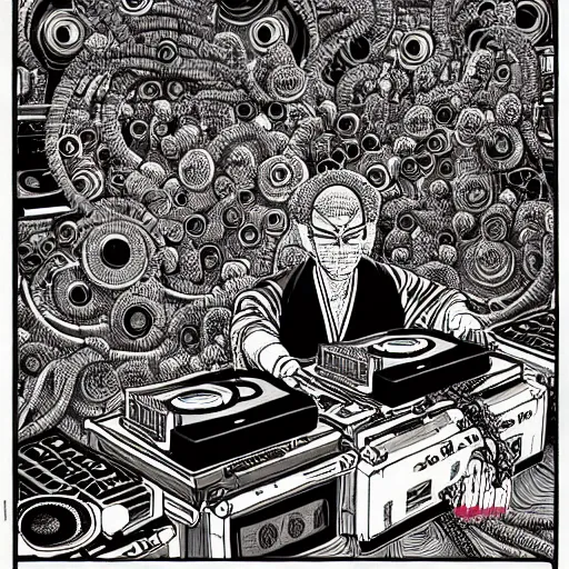 Prompt: intricate detailed artwork of a samurai dj at an underground warehouse rave in the style of Geof Darrow, wires, speakers, neon