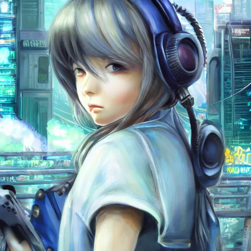 Image similar to dynamic composition, motion, ultra-detailed, incredibly detailed, a lot of details, amazing fine details and brush strokes, colorful and grayish palette, smooth, HD semirealistic anime CG concept art digital painting, watercolor oil painting of Clean and detailed post-cyberpunk sci-fi close-up schoolgirl in asian city in style of cytus and deemo, blue flame, relaxing, calm and mysterious vibes,, by a Chinese artist at ArtStation, by Huang Guangjian, Fenghua Zhong, Ruan Jia, Xin Jin and Wei Chang. Realistic artwork of a Chinese videogame, gradients, gentle an harmonic grayish colors. set in half-life 2, Matrix, GITS, Blade Runner, Neotokyo Source, Syndicate(2012), dynamic composition, beautiful with eerie vibes, very inspirational, very stylish, with gradients, surrealistic, dystopia, postapocalyptic vibes, depth of field, mist, rich cinematic atmosphere, perfect digital art, mystical journey in strange world