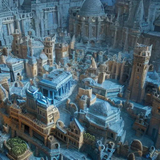 Prompt: dark fantasy, ruined city with palace made out of blue quartz in the middle, cinematic, ultrarealistic, intricate detail, finely detailed, small details, extra detail, high resolution, volumetric lighting, octane render, 8 k, ultradetailed, photorealistic