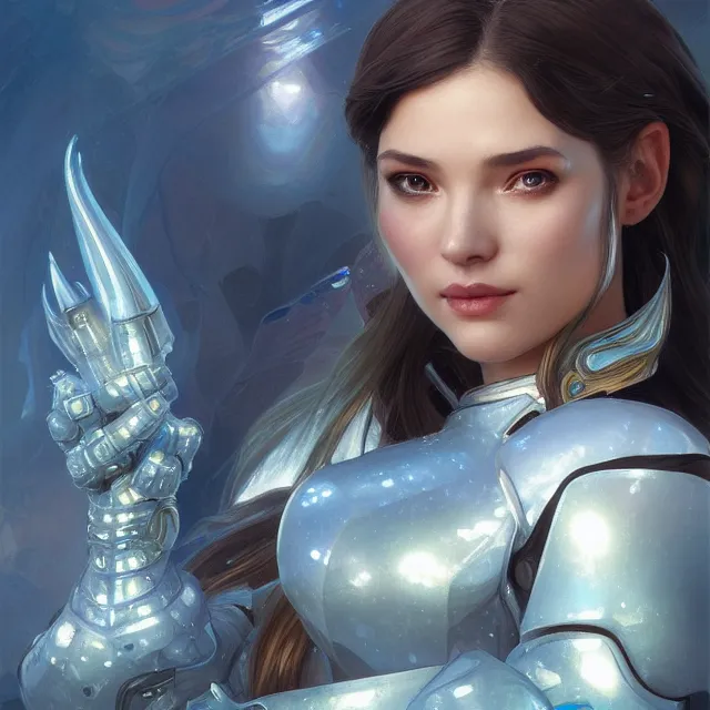 Image similar to close up portrait of a beautiful fantasy female ice warrior wearing shiny crystal armor, subsurface scattering, ethereal, artistic, ice palace background with light rays, fantasy atmosphere. art by artgerm, greg rutkowski and alphonse mucha, 3 d artstation octane render,