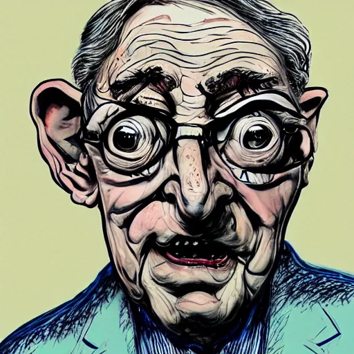 Image similar to George Soros by Ralph Steadman, illustration, body horror, biopunk