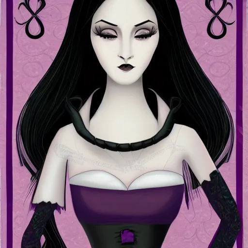 Prompt: character concept art of beautiful delicate pale goth woman with black hair, wearing long black and purple dress, highly detailed, illustration