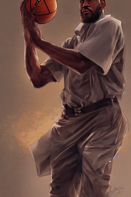 Image similar to male cottagecore nba LeBron Raymone James Sr holding a basketball, intricate, swagger, highly detailed, digital painting, artstation, concept art, smooth, sharp, focus, illustration, art by artgerm and greg rutkowski and alphonse mucha