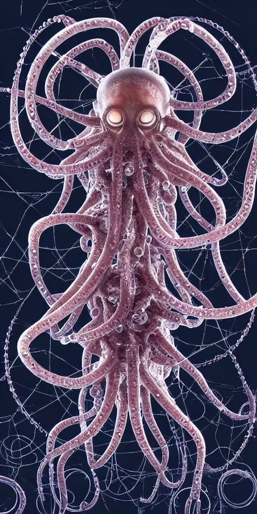 Image similar to concept art of an alien cybernetic arachnid octopus made of silica crystal and translucent cables, on a rock background, surrounded by spirals of fog, grimy, gritty, trending on artstation, award winning painting, close portrait, cgi, art by david cronenberg and chris cunningham