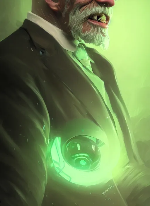 Image similar to a highly detailed illustration of bald old man wearing suit with green glowing eyes, dramatic standing pose, intricate, elegant, highly detailed, centered, digital painting, artstation, concept art, smooth, sharp focus, league of legends concept art, wlop.