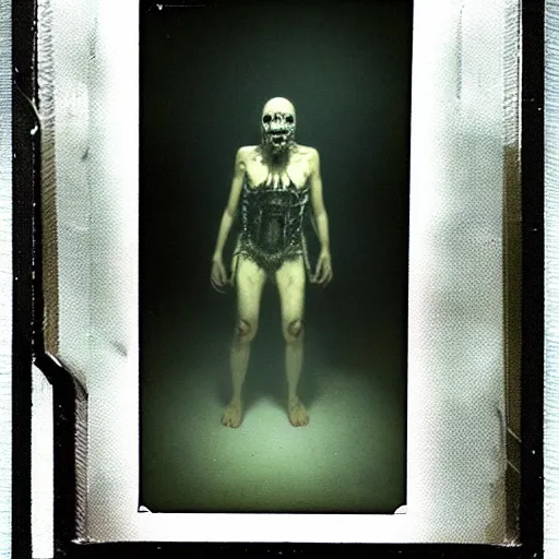 Prompt: transparent horror monster polaroid photo, dynamic pose, full body shot, sharp focus, grainy, interior, flashlight