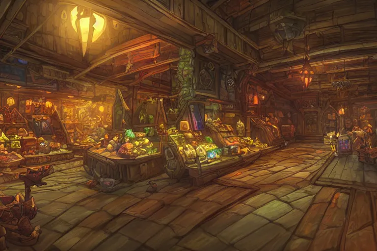 Prompt: interior wide angle shot of a fantasy coastal market place in the style of arcane league of legends, christopher c. lee, moebius, makoto shinkai