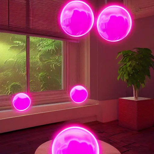 Prompt: glowing pink neon spheres, on a table with plants, vignette, digital art by Thomas Cole and John Harris, trending on artstation