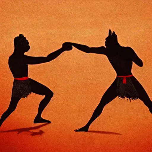 Image similar to cinematic still of silhouettes of two Mediterranean skinned men fighting in ancient Canaanite clothing, wrestling, knife, middle eastern field background, red hues, directed by Russell Mulcahy