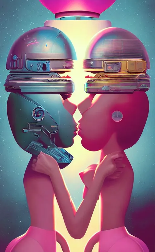 Image similar to portrait of two girl kissing each other and wearing a futuristic helmet by Petros Afshar and Beeple, James Gilleard, Mark Ryden, Wolfgang Lettl highly detailed