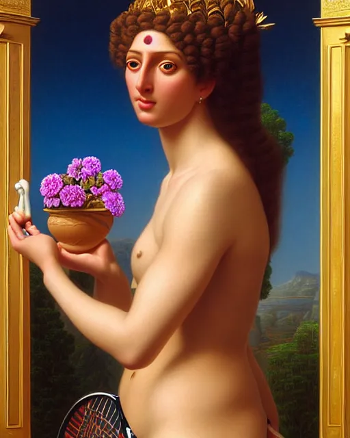 Image similar to portrait of the goddess of tennis, unusual beauty, flowers and plants, emotionally evoking symbolic metaphors, head in focus, fantasy, ornamental, intricate, elegant, sensual, highly detailed digital painting, artstation, concept art, painterly, golden ratio, sharp focus, illustration, art by John William Godward and Boris Vallejo and Zdzisław Beksiński,