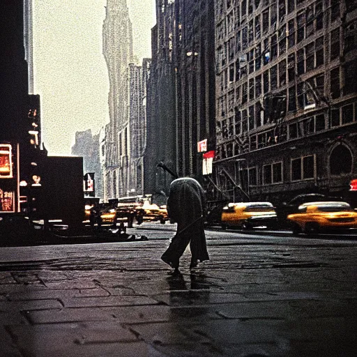 Image similar to a photo by saul leiter of a tiny dinosaur alone in a street of new york, dark and rainy, highly detailed, beautiful