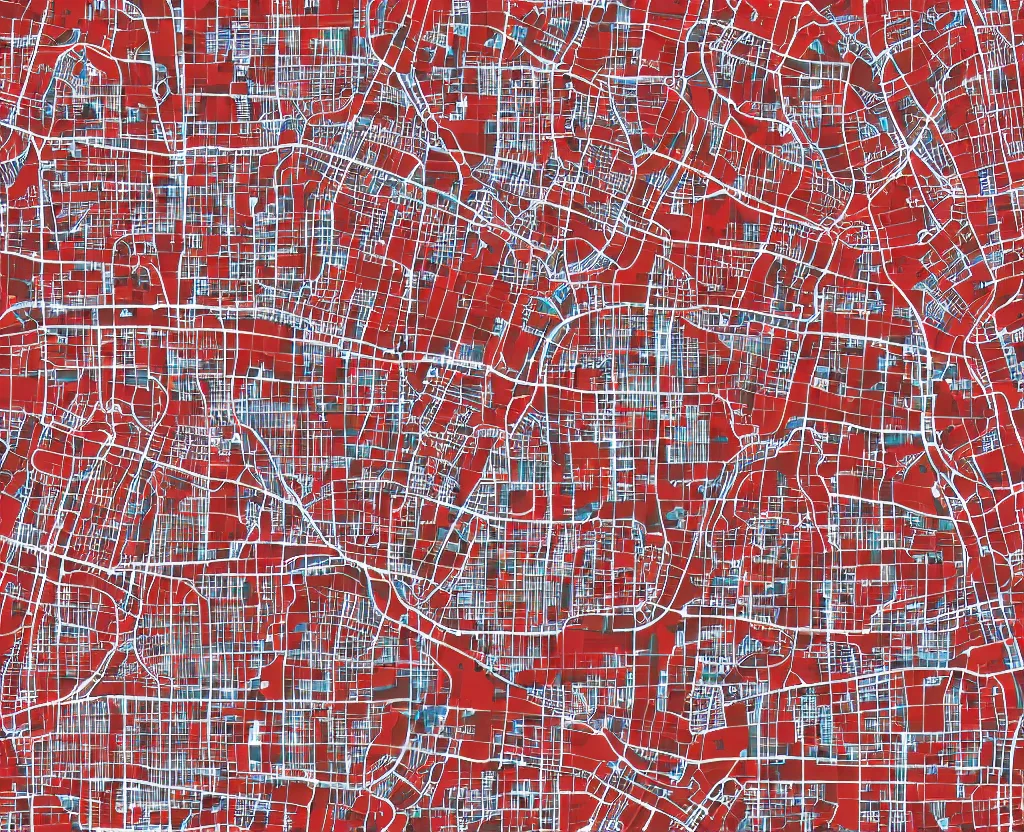 Prompt: Vector map of a large city with every bench marked in red, vector graphics, highly detailed