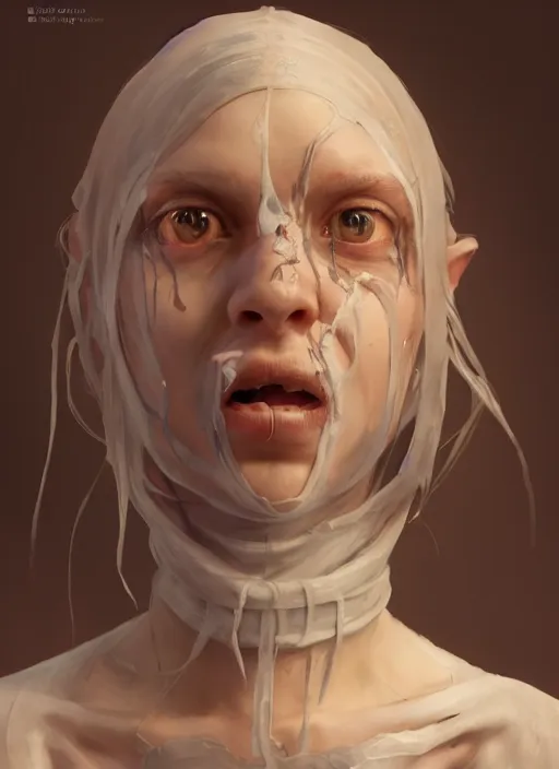 Image similar to portrait of sinister girl with thin evil lips, skeksis, battle worn, bandaged nose, expressive eyes, fullbody, translucent skin, procedural rendering, greg rutkowski, charlie bowater, yuumei, yanjun cheng, unreal 5, daz, hyperrealistic, octane render, rpg portrait, dynamic lighting, fantasy art, beautiful face